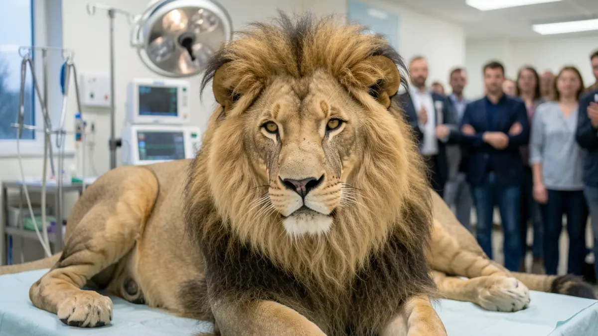 Image générique d'un lion dans un environnement vétérinaire, avec du matériel médical flou.