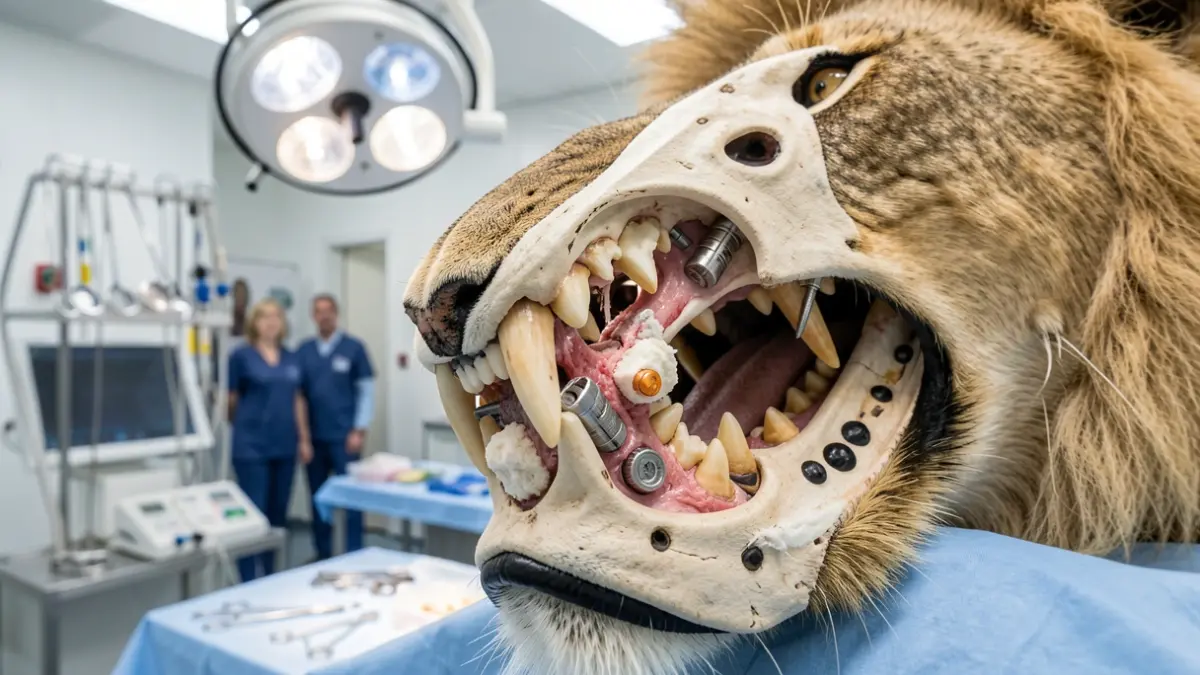 Gros plan sur la mâchoire d'un lion après une greffe osseuse, avec des instruments chirurgicaux vétérinaires en arrière-plan.