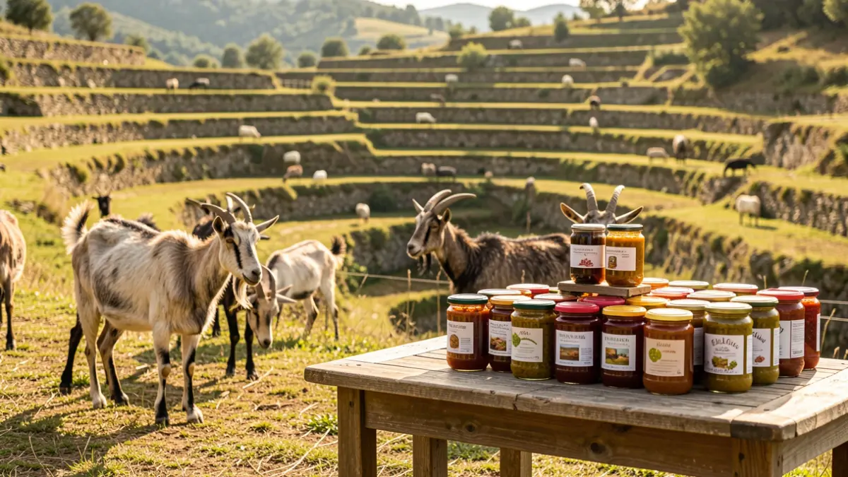 Image générique de ferme caprine en Ardèche avec produits locaux.
