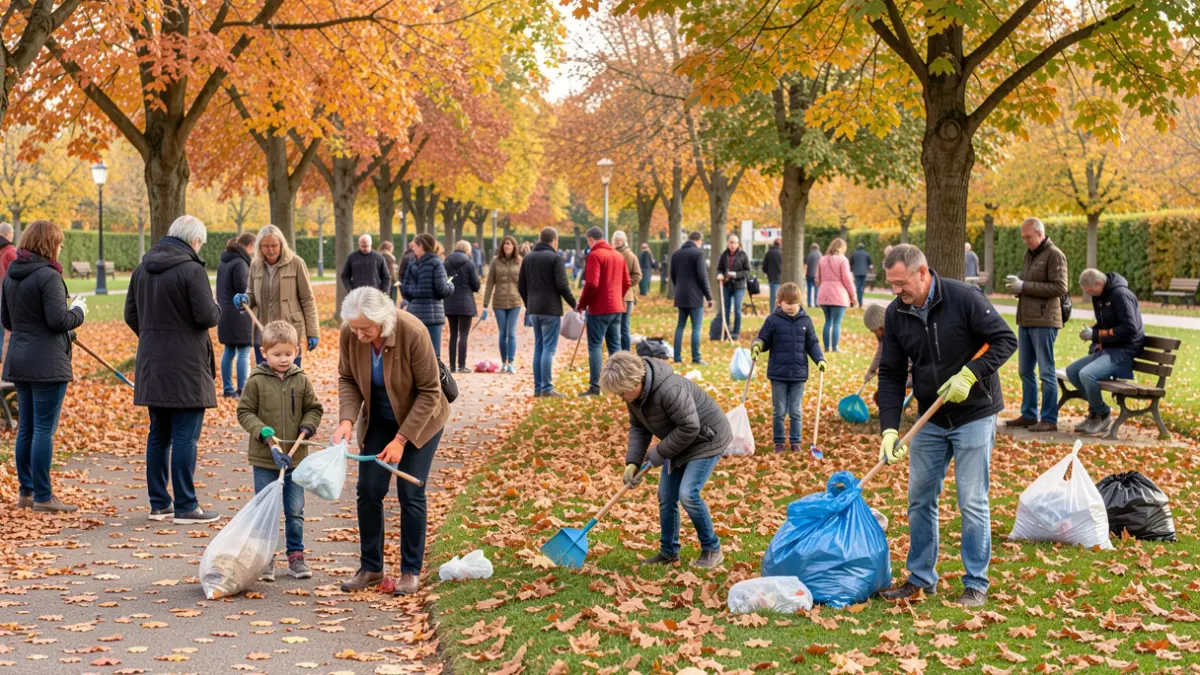 Generic image of people picking up litter in a park during autumn.