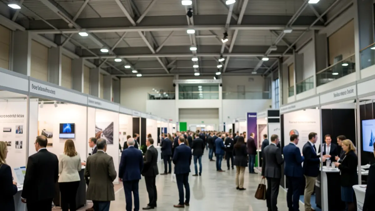 Image générique d'un hall d'exposition moderne avec des stands et une foule floue.