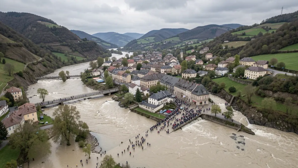 Generic image of a valley with a river running through it and a town nearby, under an overcast sky.
