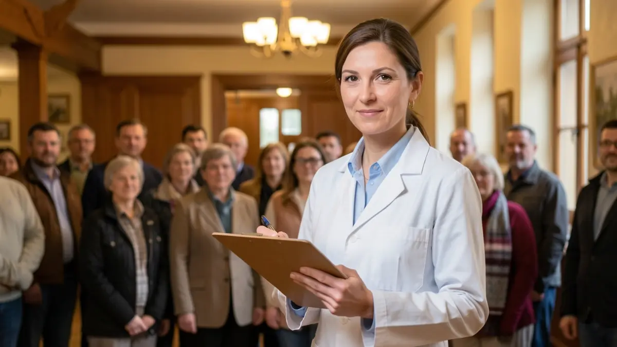 Generic image of a healthcare professional holding a clipboard, with a blurred background of a community center.