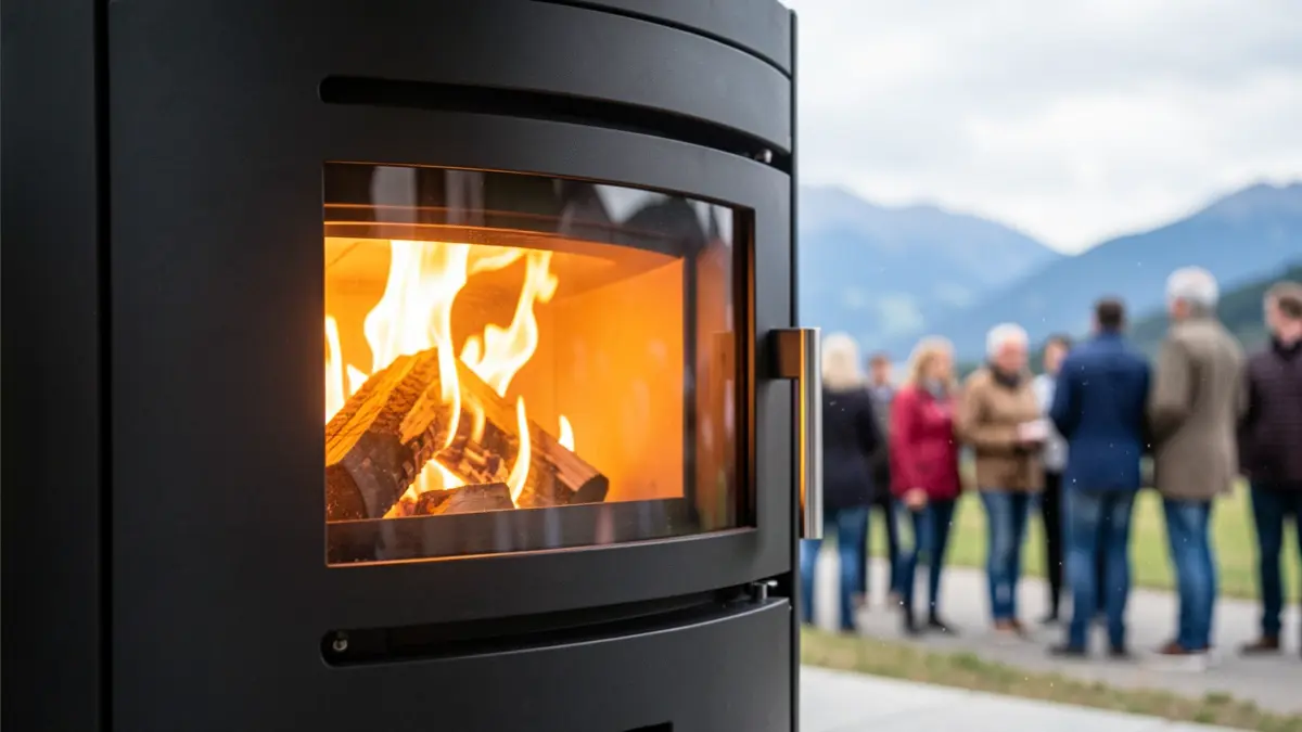Gros plan sur un poêle à bois moderne et performant, avec une lueur chaleureuse émanant de son ouverture, sur fond de particules d'air pur floues et d'un subtil paysage d'Auvergne-Rhône-Alpes.