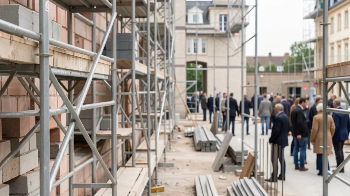 Generic image of construction materials and scaffolding on a building site, in soft daylight.