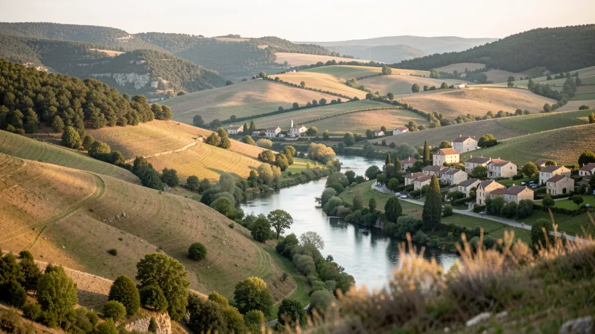 Generic image: featuring green hills, a winding river, and picturesque villages.