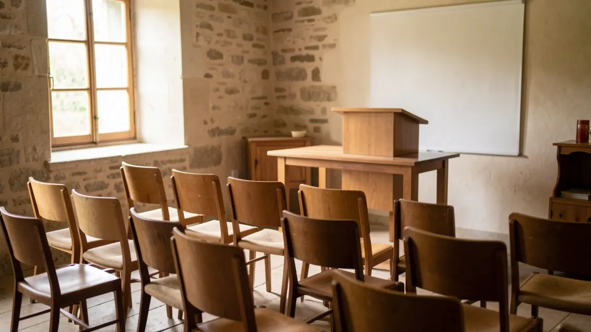 Salle de réunion publique dans un centre communautaire rural français, avec des chaises vides et un pupitre.