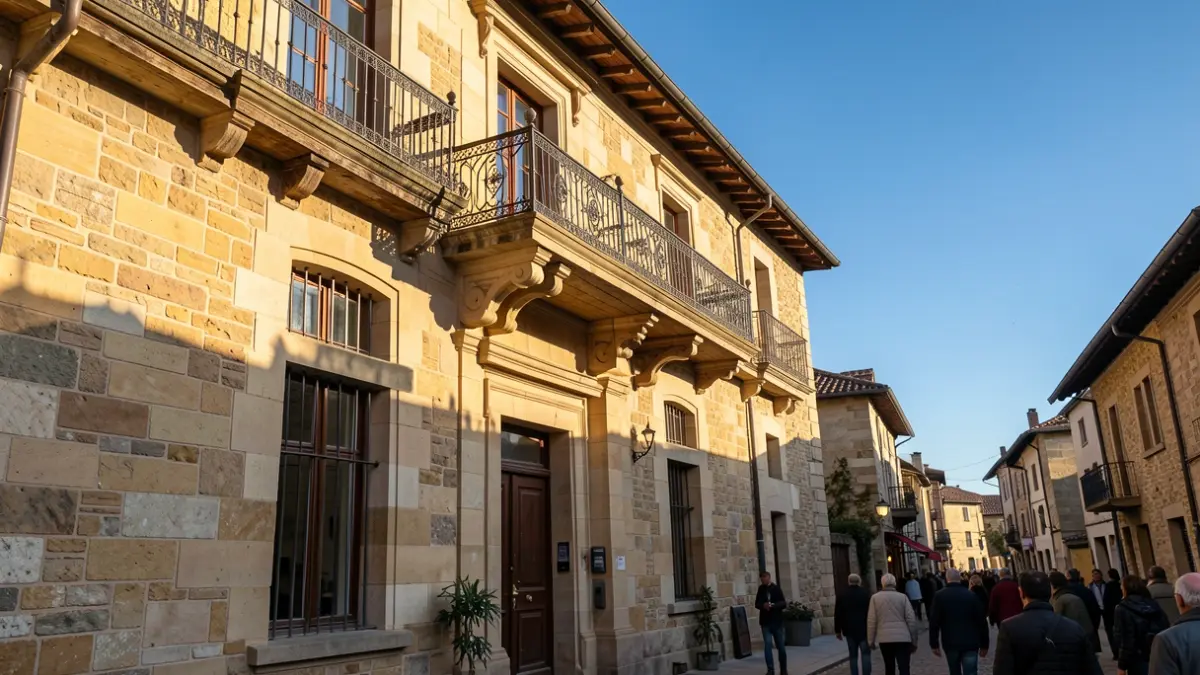 Generic image of a stone town hall facade with an ornate balcony and blue sky.