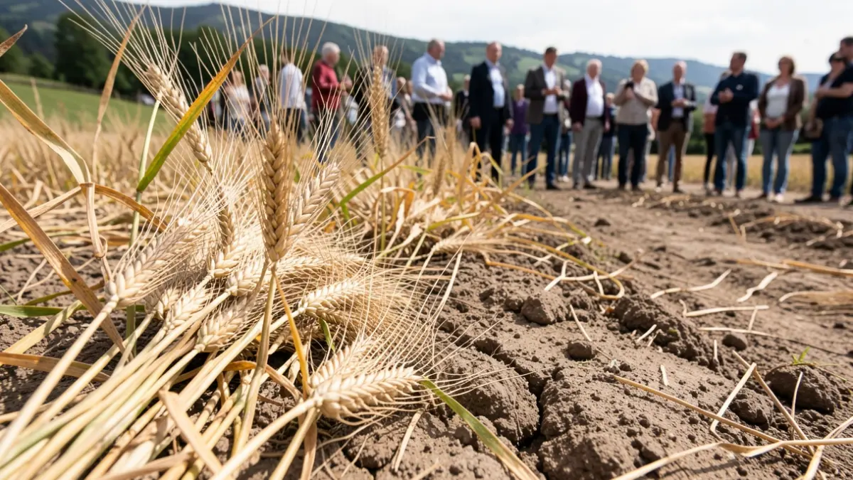 Generic image of dry wheat and cracked earth, symbolizing agricultural losses due to drought.