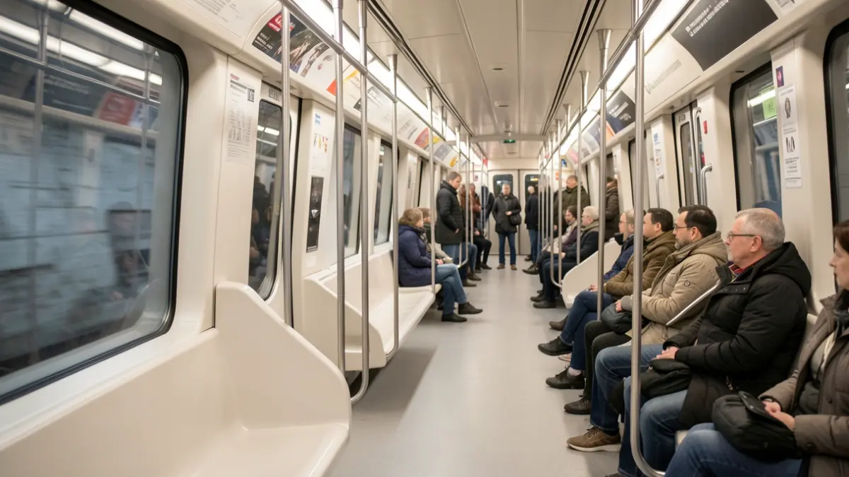 Intérieur d'une rame de métro lyonnaise propre et moderne, avec des sièges vides et une vue floue du tunnel.