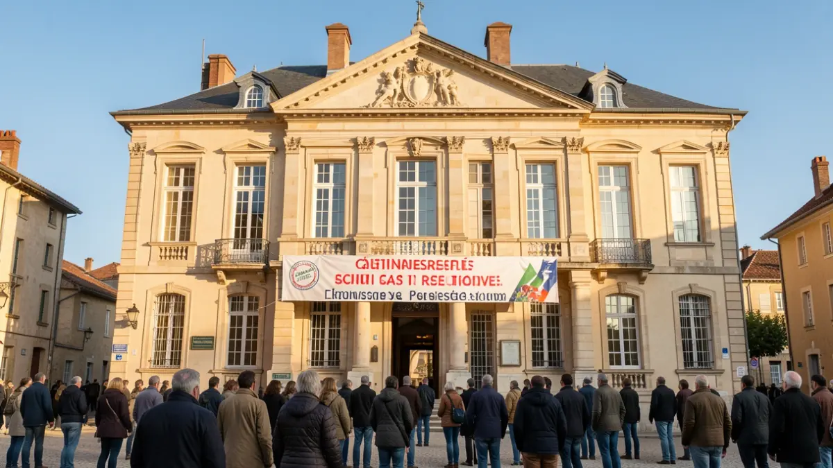 Generic image of a French town hall facade with a banner announcing a citizen reserve event. Warm afternoon light, clear blue sky, traditional architecture.