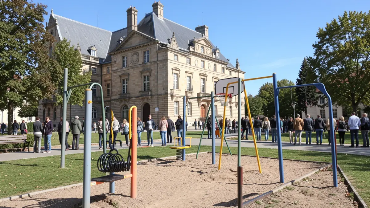 Generic image of children's playground equipment in a park with a municipal building in the background.