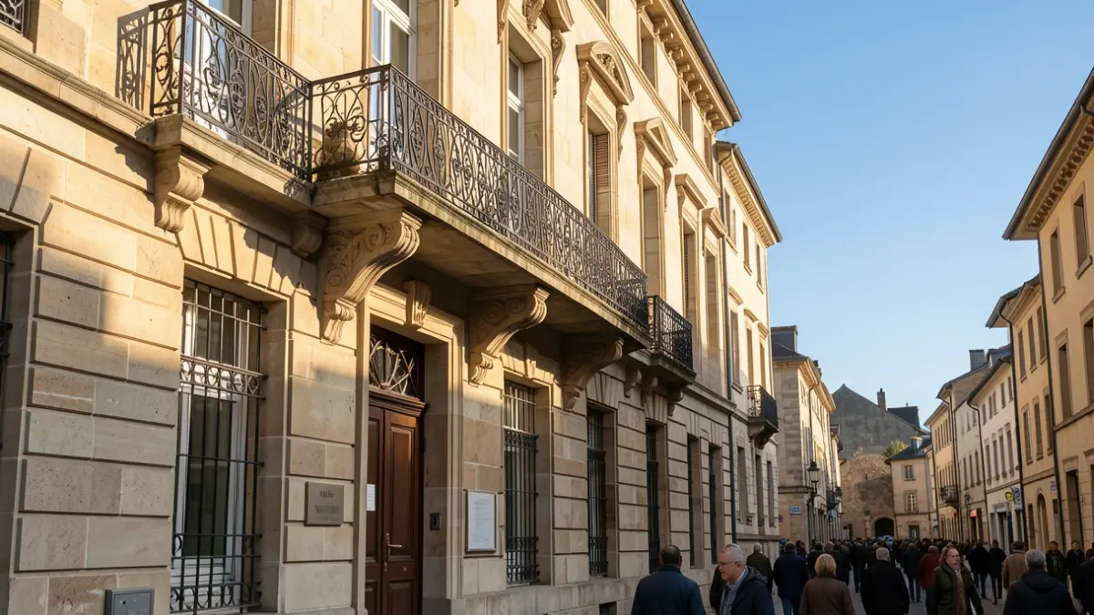 Generic image of a French town hall stone facade with an ornate balcony and iron railings, in warm afternoon sunlight.