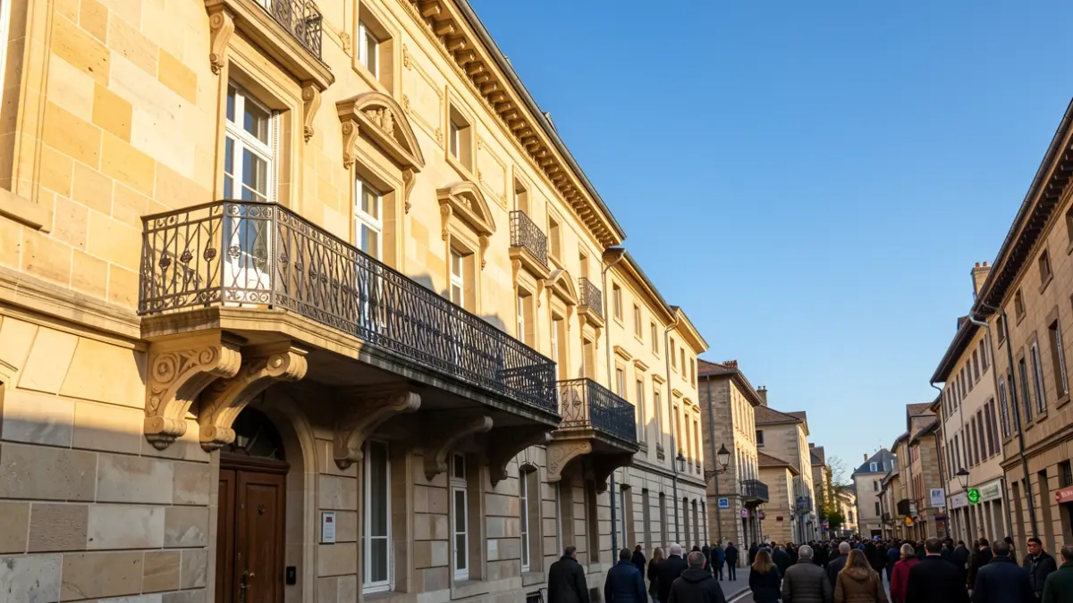 Generic image of a stone town hall facade with an ornate balcony and iron railings, under an afternoon sun.