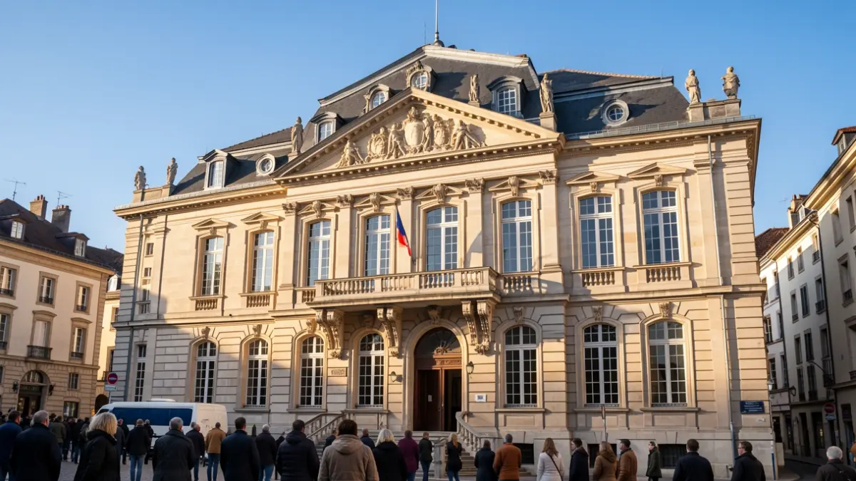 Generic image of a French town hall facade in the Auvergne-Rhône-Alpes region, featuring ornate architectural details and a balcony, under warm afternoon sunlight and a clear blue sky.