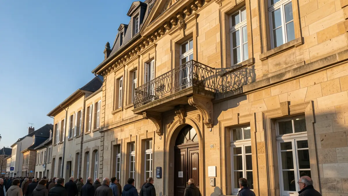 Image générique de la façade d'une mairie française dans la région Auvergne-Rhône-Alpes, avec un balcon orné et des balustrades en fer, baignée par la douce lumière du soleil d'après-midi projetant des ombres sur les murs en grès, ciel bleu clair, style photographie documentaire.