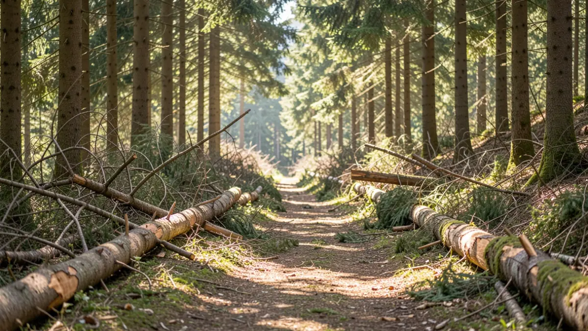 Generic image of a forest path in the French Alps, with fallen branches and logs visible on the sides, indicating recent sanitary cutting. Sunlight filters through the trees, illuminating the forest floor.