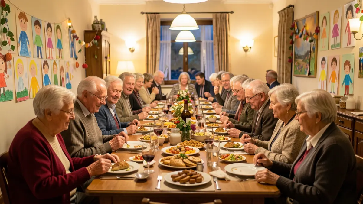 Generic image of a table set for a festive meal with decorations made by children, in a warm atmosphere.