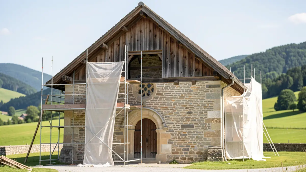 Generic image of a historic chapel facade undergoing restoration in a rural landscape.