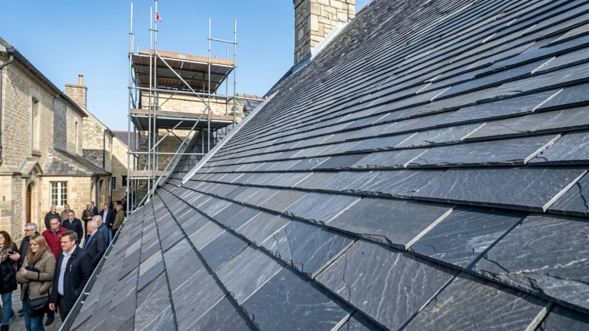 Laying of slate tiles on a church roof in Samoëns, with scaffolding.