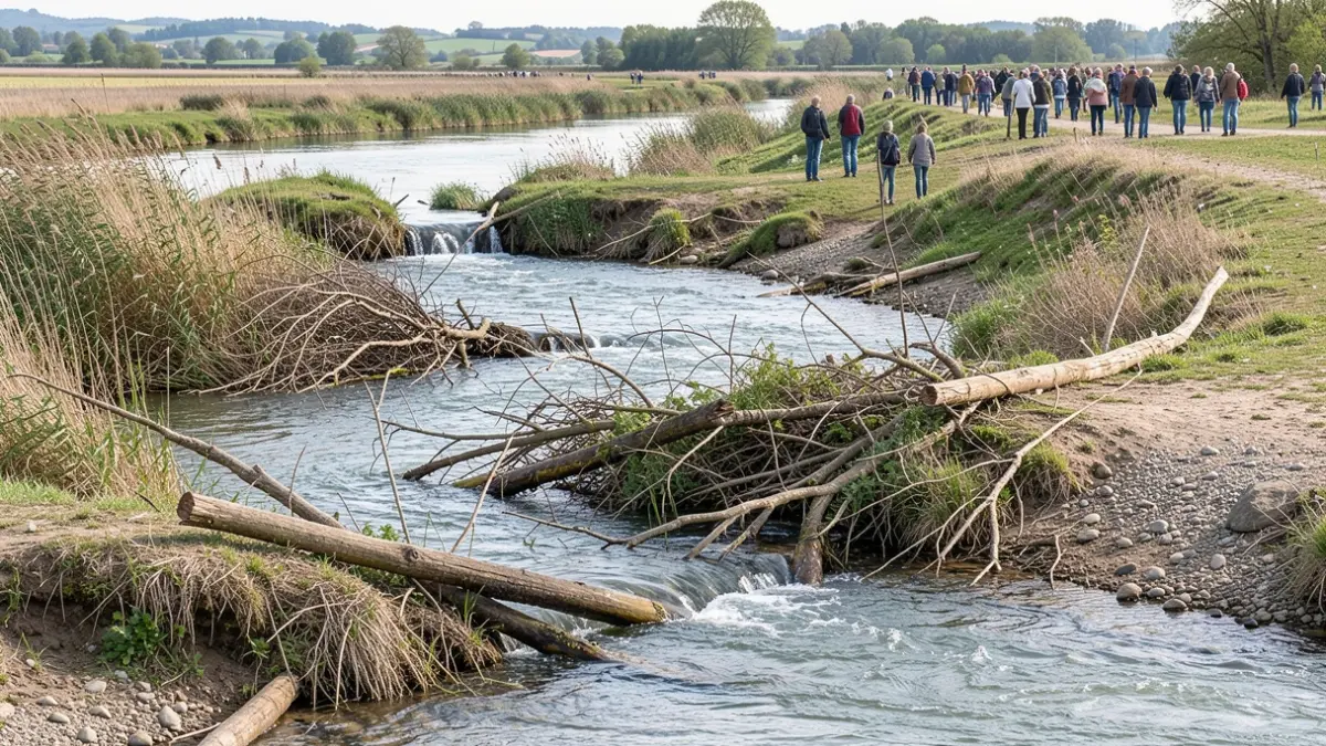 Riverbank restoration using natural materials to slow water flow and restore wetlands.