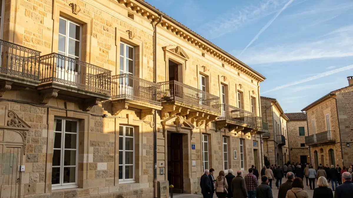 Generic image of a stone town hall facade in the Auvergne-Rhône-Alpes region, with ornate balconies and ambient lighting.
