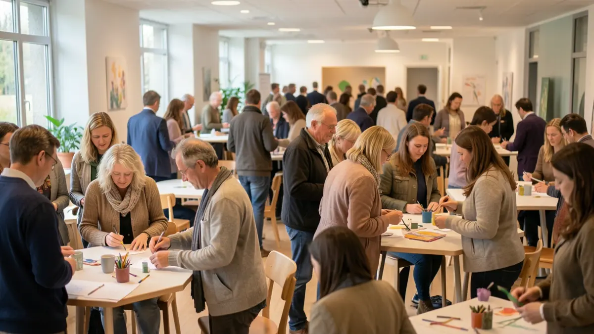 Generic image of a neighborhood meeting with participants engaged in themed workshops.