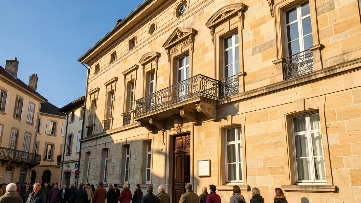 Generic image of a stone town hall facade with an ornate balcony and iron railings, in the afternoon sun.