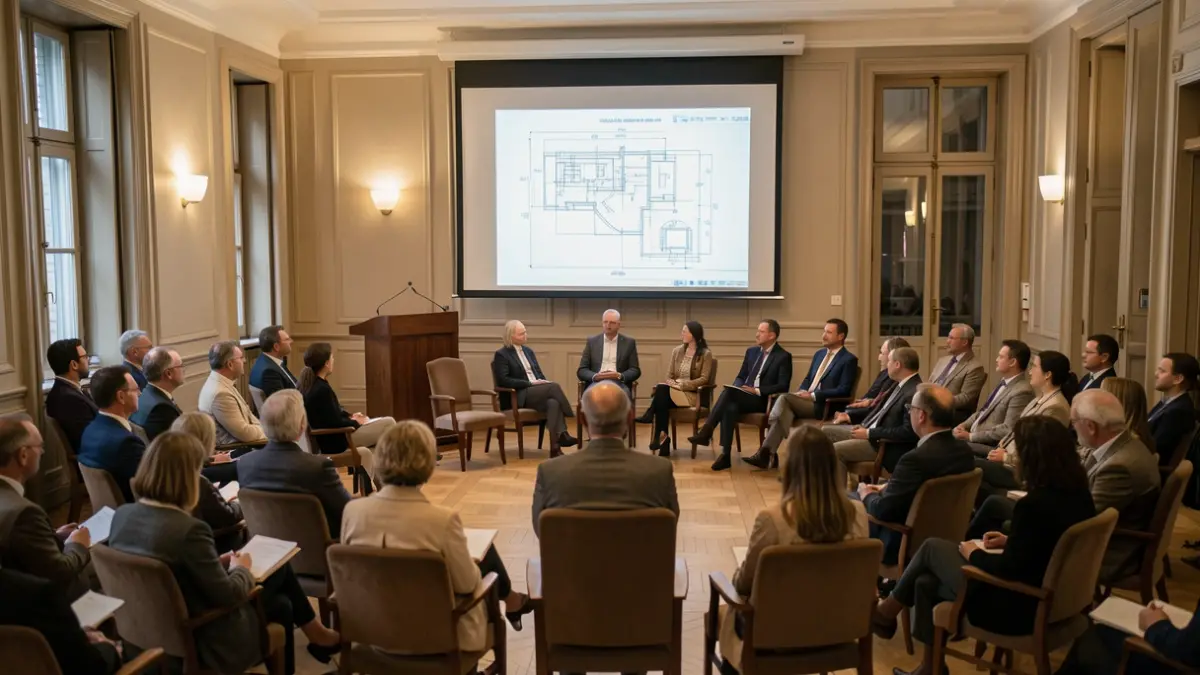 Generic image of a public meeting room with chairs arranged in a circle and a screen displaying a project.