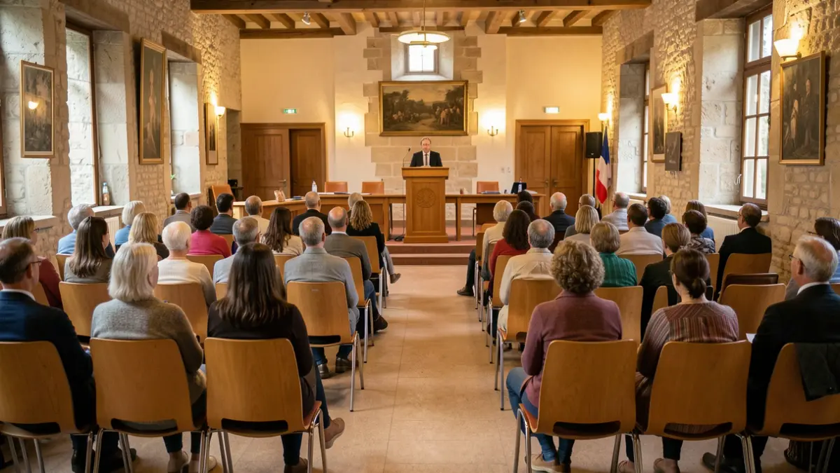 Public meeting room in a French town hall, chairs arranged in rows facing a podium.