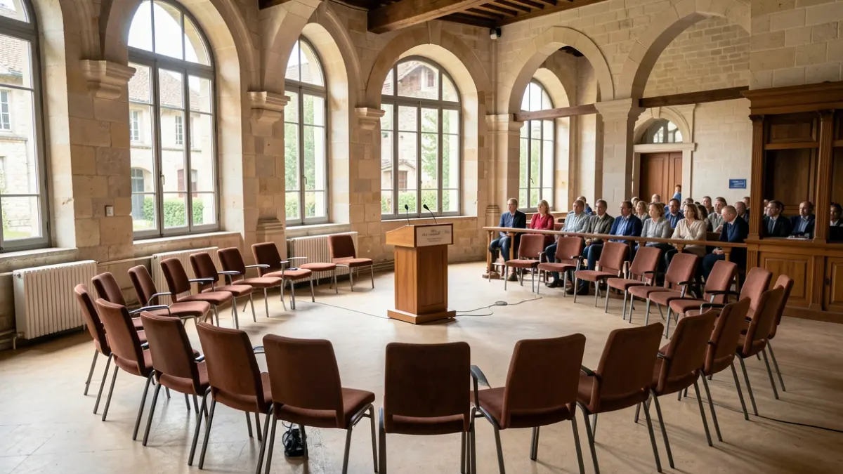 Municipal meeting room in the Auvergne-Rhône-Alpes region, with chairs and microphones.