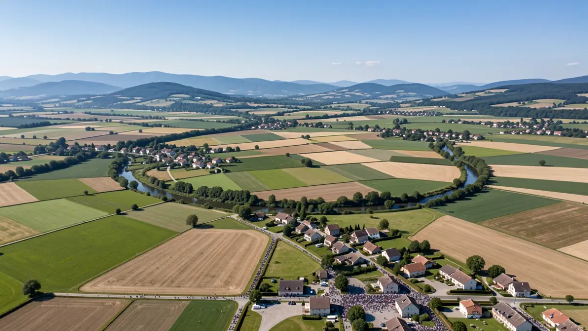 Aerial view of a French rural landscape in the Auvergne-Rhône-Alpes region, showing a patchwork of agricultural fields and scattered villages, with a winding river and distant rolling hills under a clear blue sky.