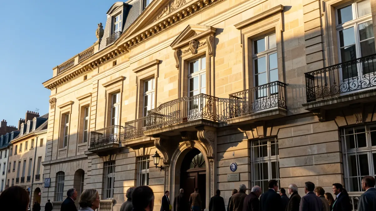 Stone facade of a French town hall with ornate balcony and iron railings, warm afternoon sunlight casting shadows on the sandstone walls, blue sky.
