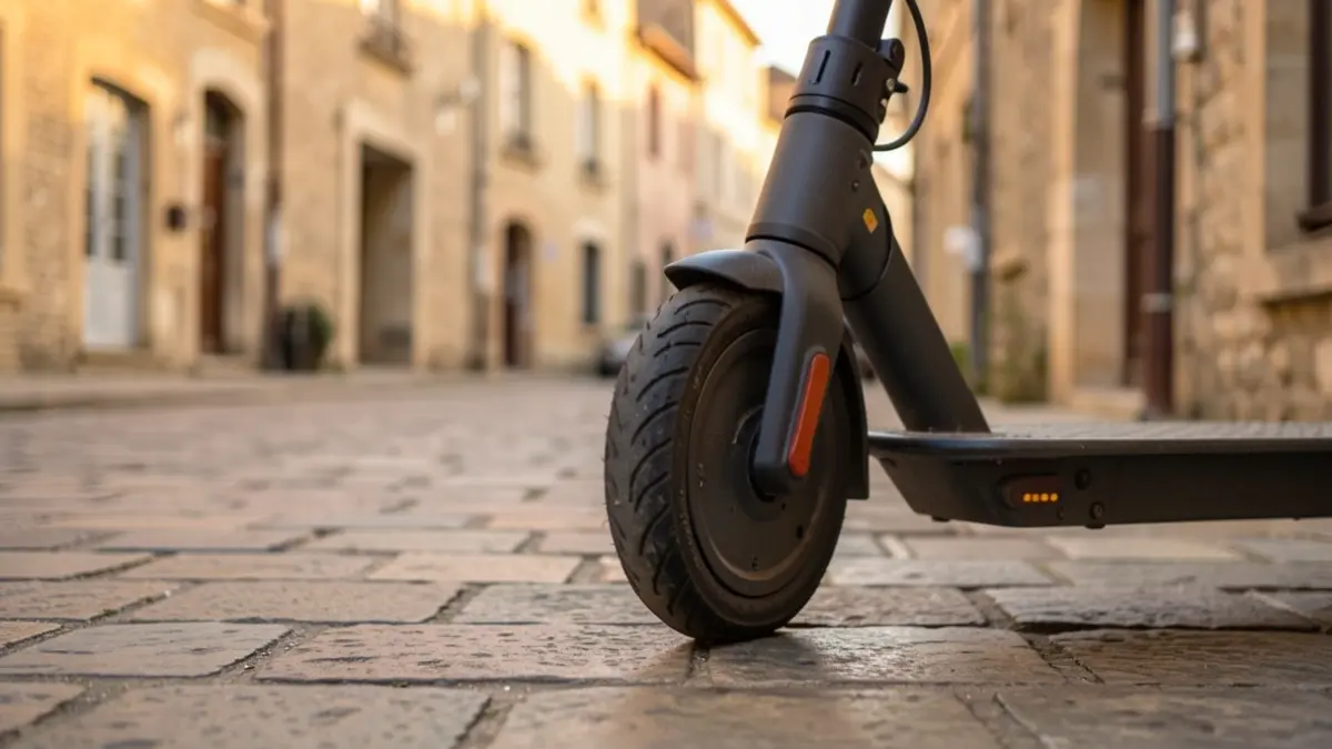 Image générique d'une roue de trottinette électrique garée sur un trottoir en pierre dans une ville française, lumière chaude du soir.
