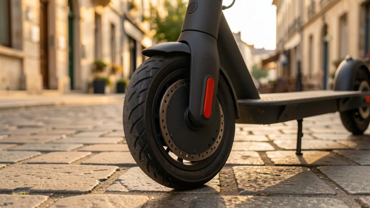 Generic image of an electric scooter wheel parked on a sidewalk.