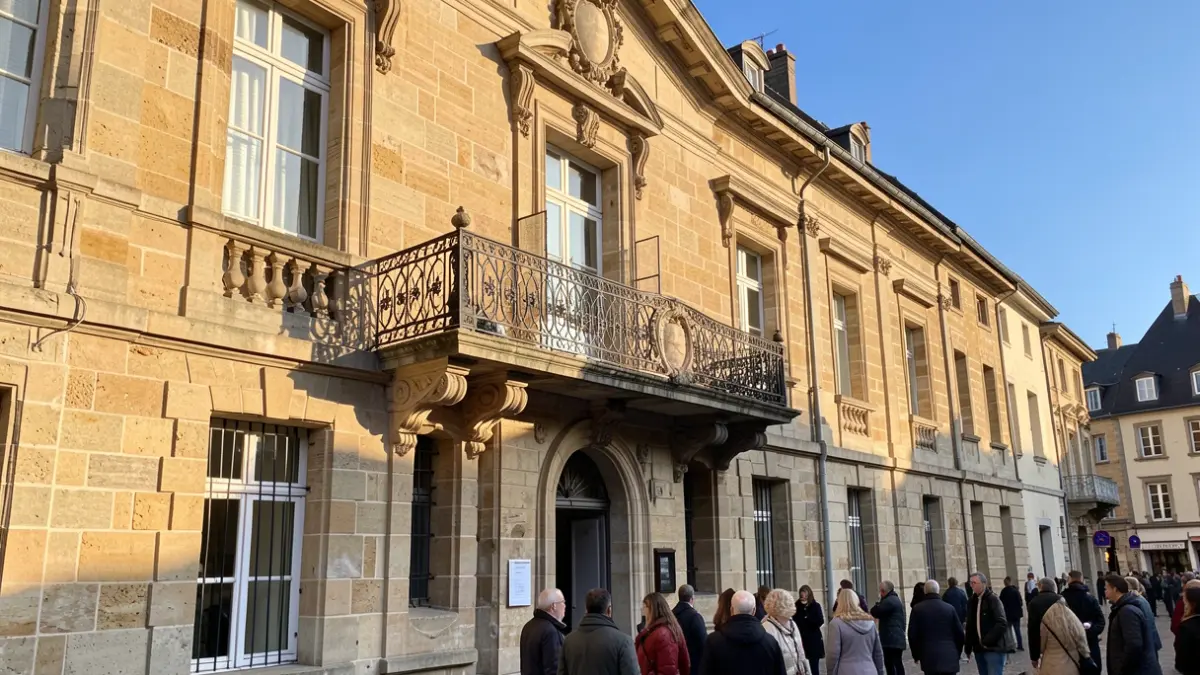 Generic image of a French town hall facade with an ornate balcony and iron railings, in warm afternoon sunlight.