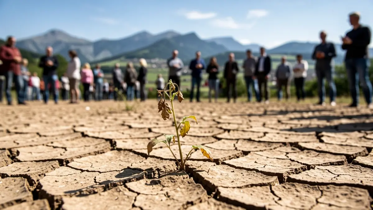 Image générique de terre craquelée par la sécheresse avec une plante fanée.