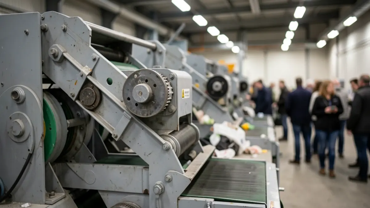 Image générique de machines industrielles dans un centre de tri de déchets, avec un éclairage industriel et un arrière-plan flou.