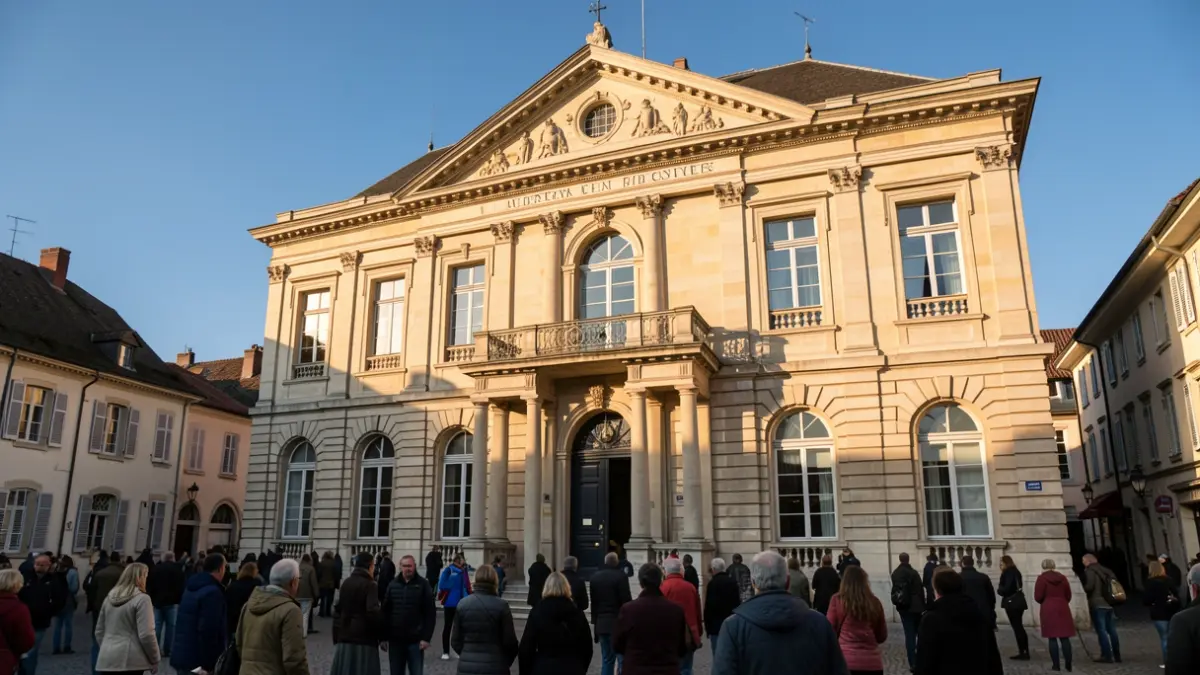 Generic image of a French town hall facade in the Auvergne-Rhône-Alpes region, featuring classic architecture and a balcony, bathed in warm afternoon sunlight. Blue sky.