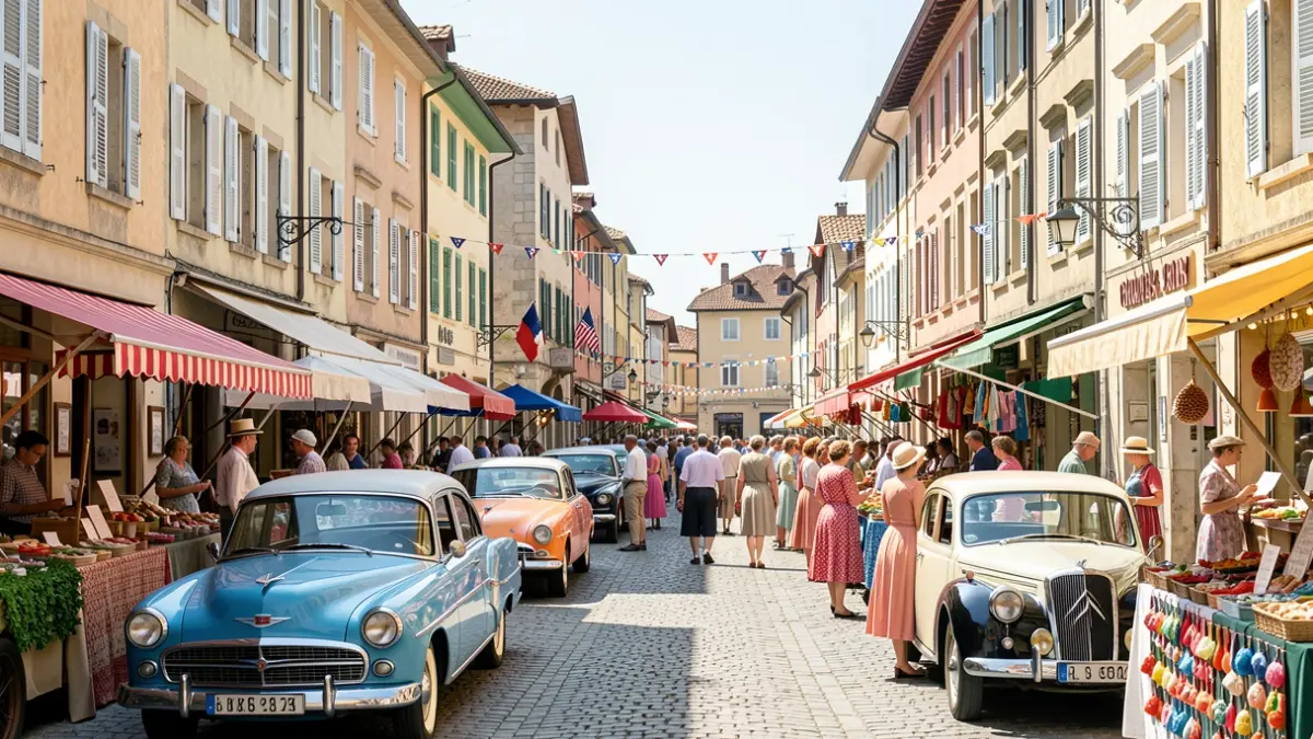 Scène de rue vintage sur le thème américain à Romans-sur-Isère, avec voitures anciennes et ambiance festive.