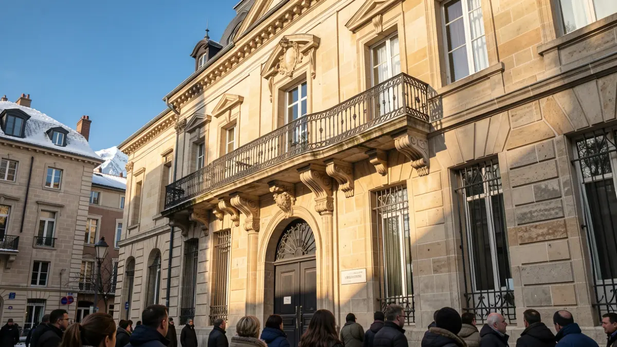 Image générique de la façade d'un hôtel de ville en pierre avec balcon et balustrade en fer forgé, sous un soleil d'après-midi.