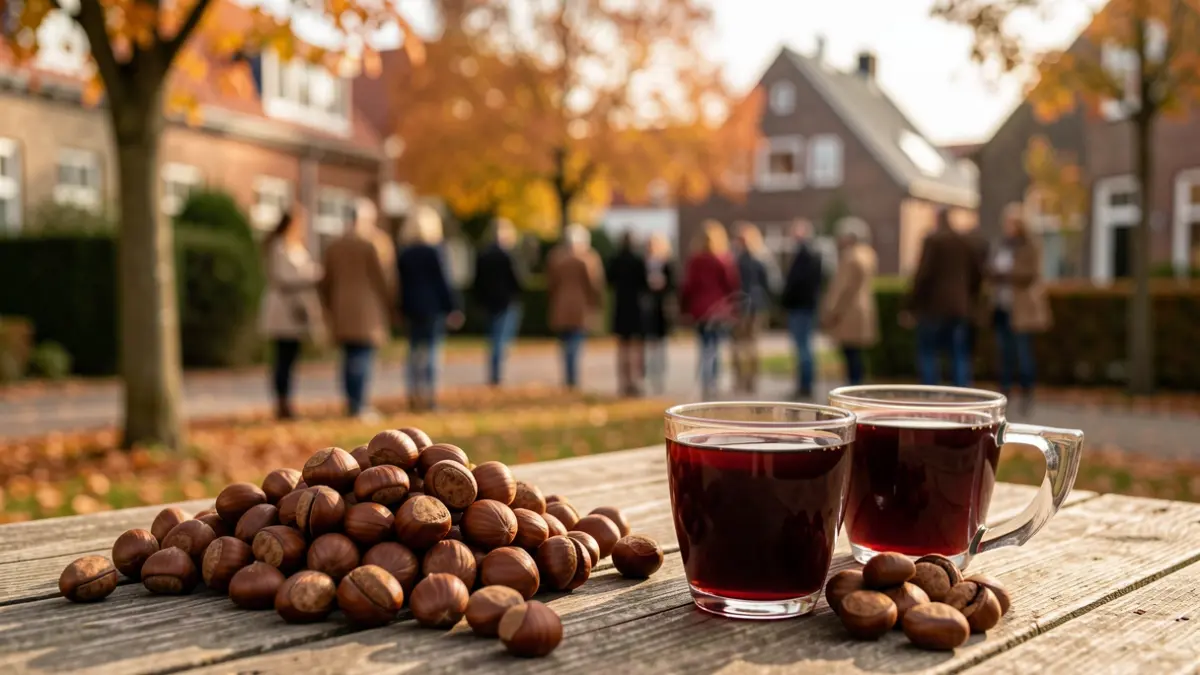 Generic image of roasted chestnuts and mulled wine on a wooden table in a residential neighborhood during autumn.