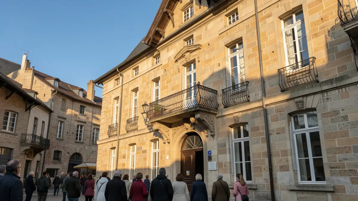 Generic image of a stone town hall facade with an ornate balcony and blue sky.
