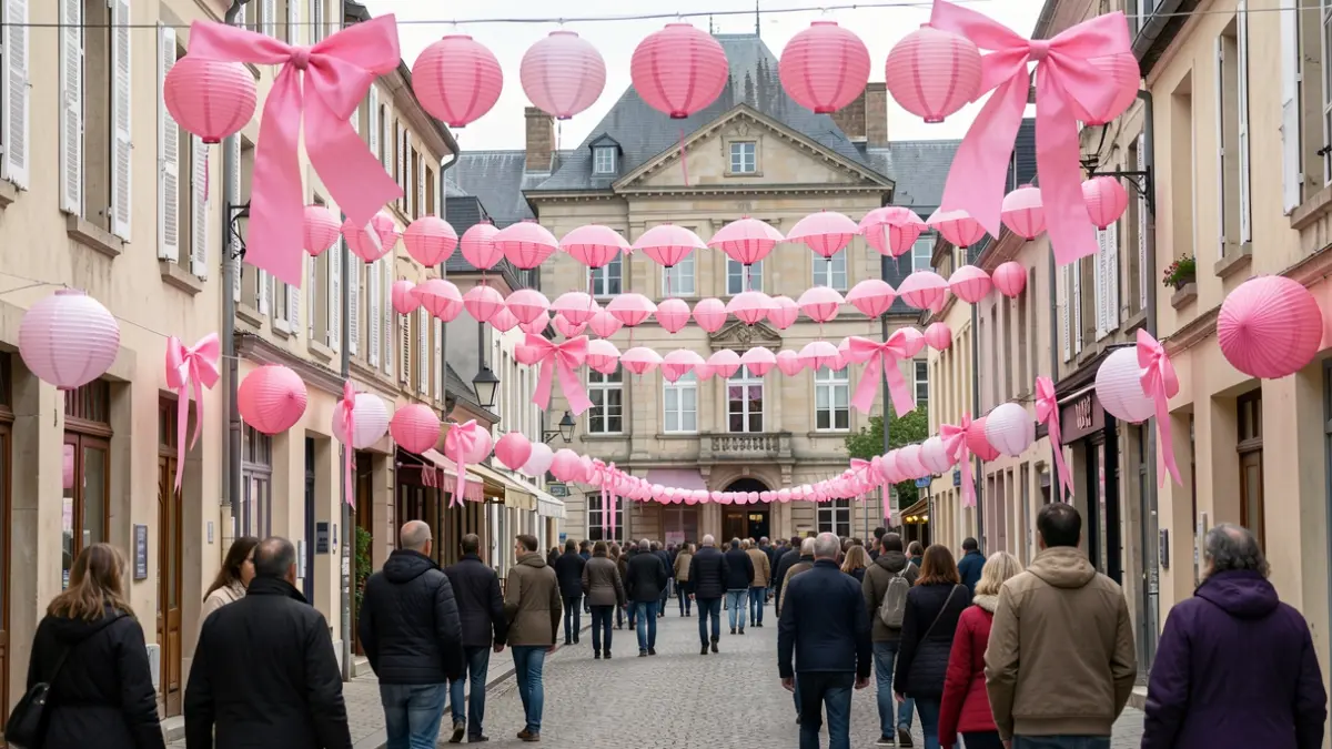 Pink decorations in the streets of Saint-Alban-Leysse for Pink October.