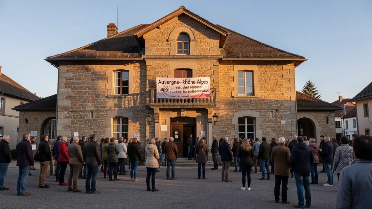 Generic image of a French town hall facade with a sign indicating a gathering, evening light.