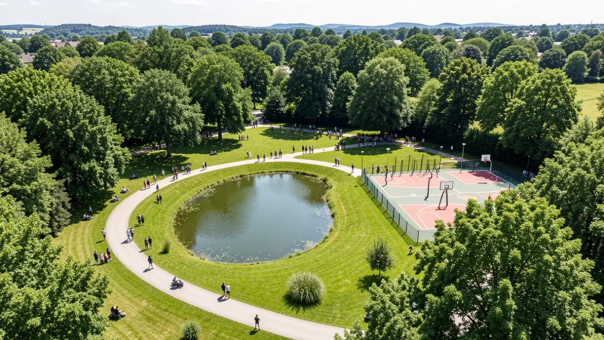 Generic image of an outdoor recreational space with sports facilities and landscaping.