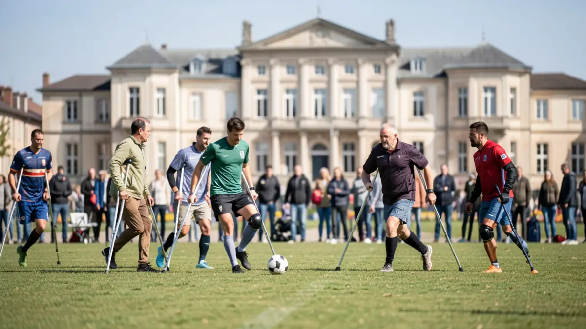 Generic image of a football field with diverse players, some using crutches or prosthetics, in a regional landscape.