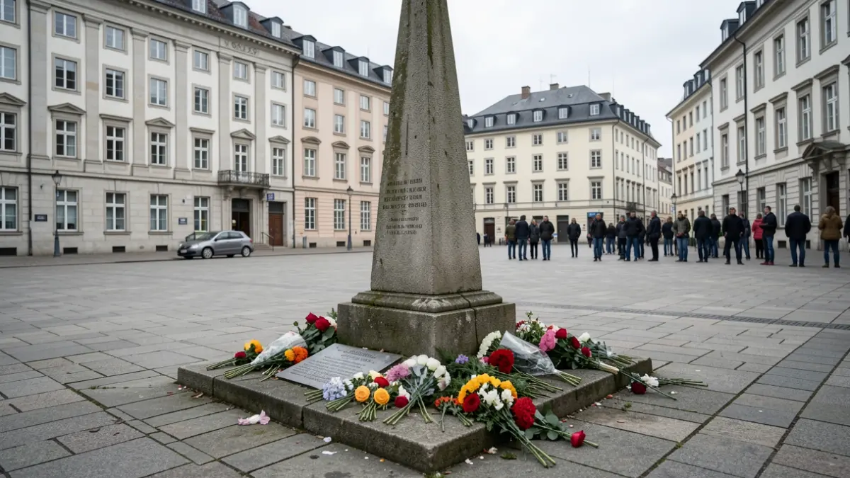 Generic image of a stone memorial in a public square, with generic buildings in the background and soft light.