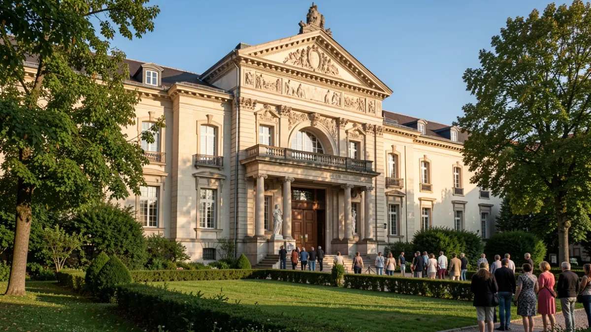 Image générique de la façade d'un bâtiment de cimetière municipal avec une entrée ornée et des espaces verts environnants, sous la lumière chaude de l'après-midi.