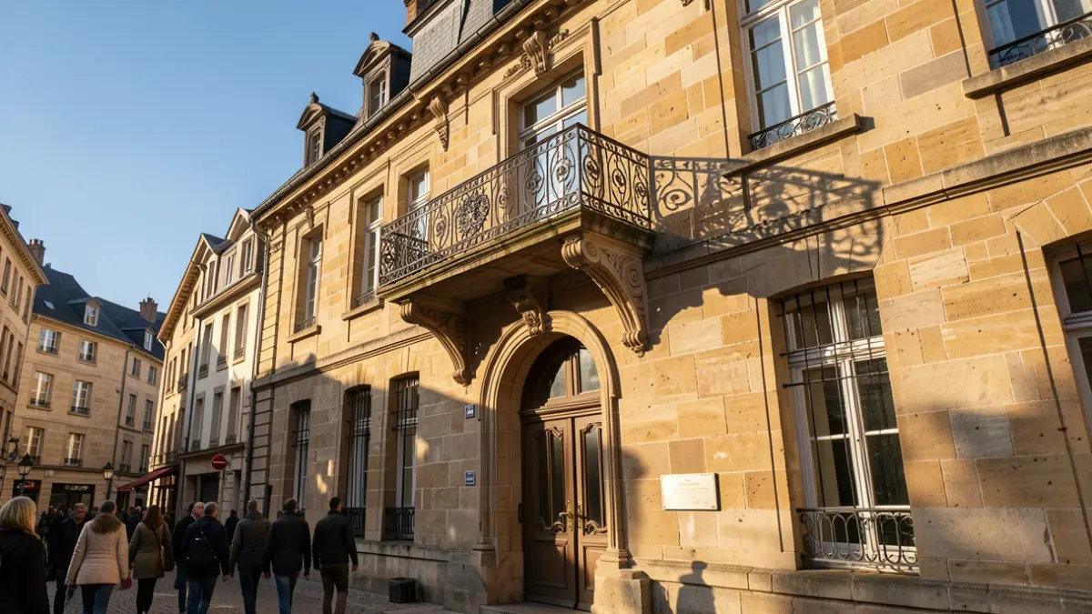 Generic image of a stone town hall facade with an ornate balcony and iron railings, under a blue sky and afternoon sun.